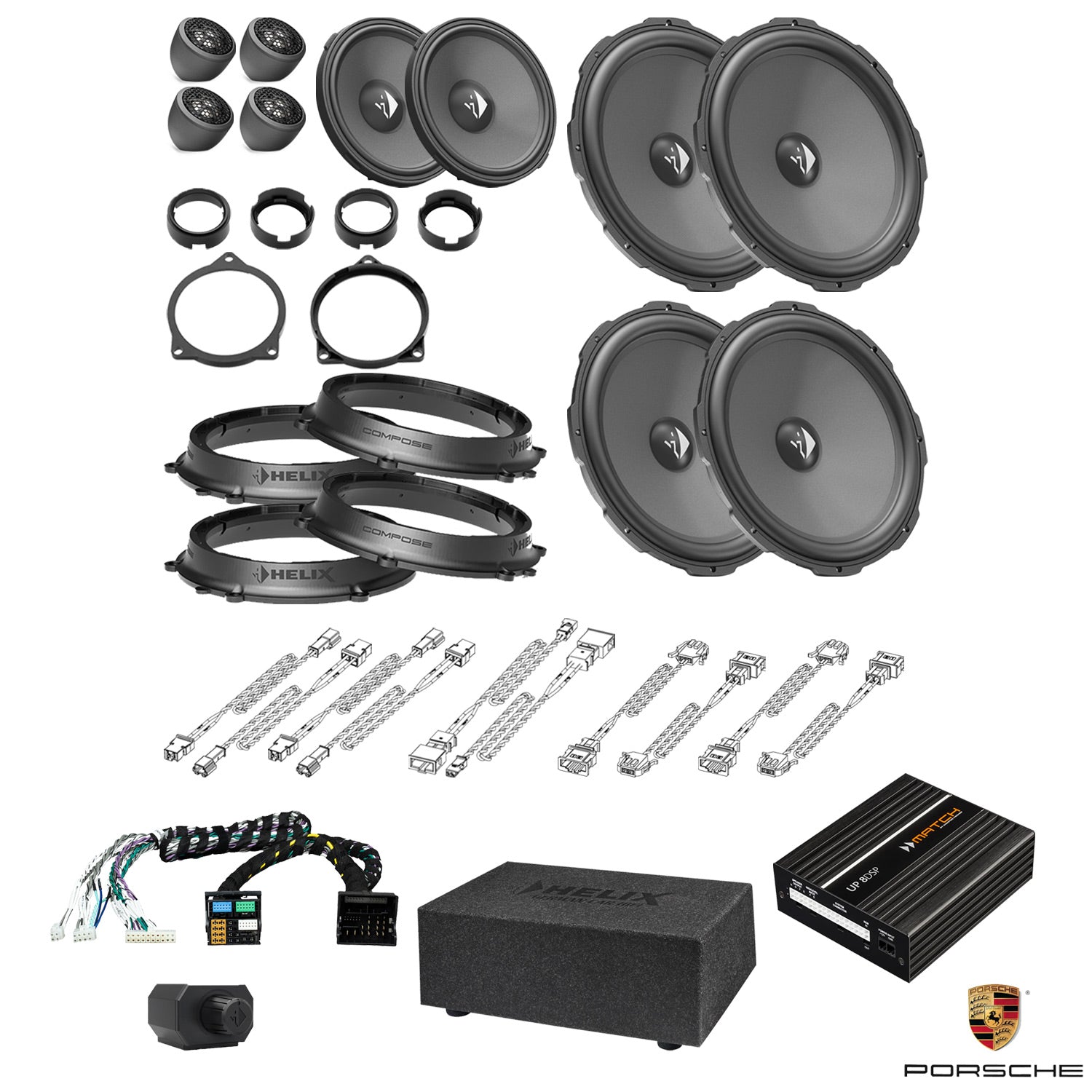 Porsche Cayenne Basic Sound - 3-Way Speaker & Subwoofer DSP Amplified Package | HELIX Ci3