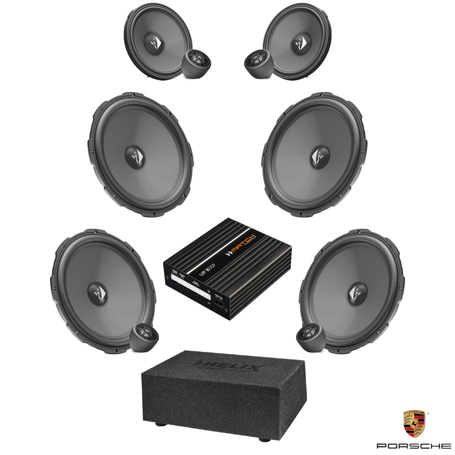 Porsche Cayenne Basic Sound - 3-Way Speaker & Subwoofer DSP Amplified Package | HELIX Ci3