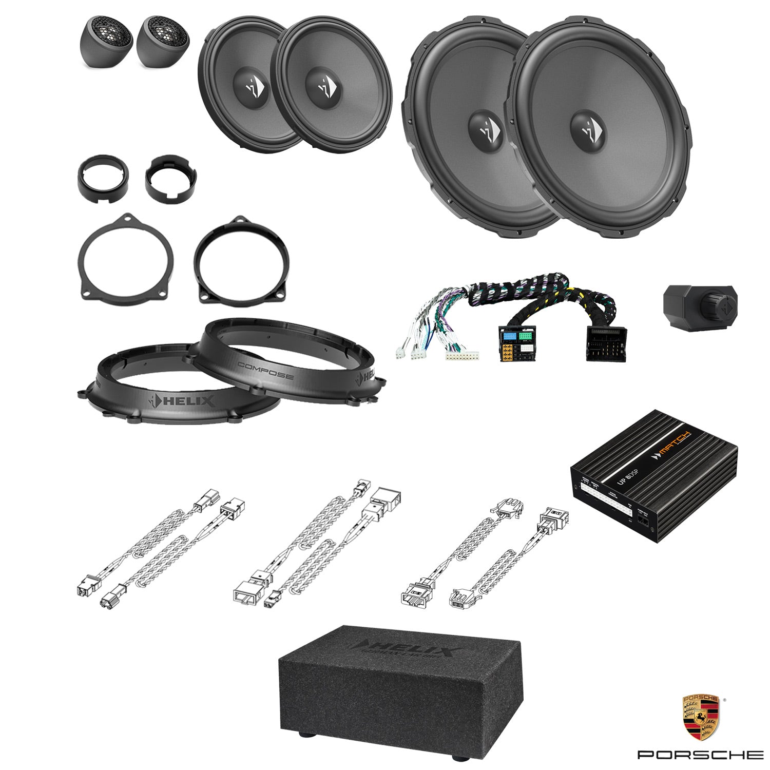 Porsche Cayenne Basic Sound - 3-Way Front Speaker & Subwoofer DSP Amplified Package | HELIX Ci3