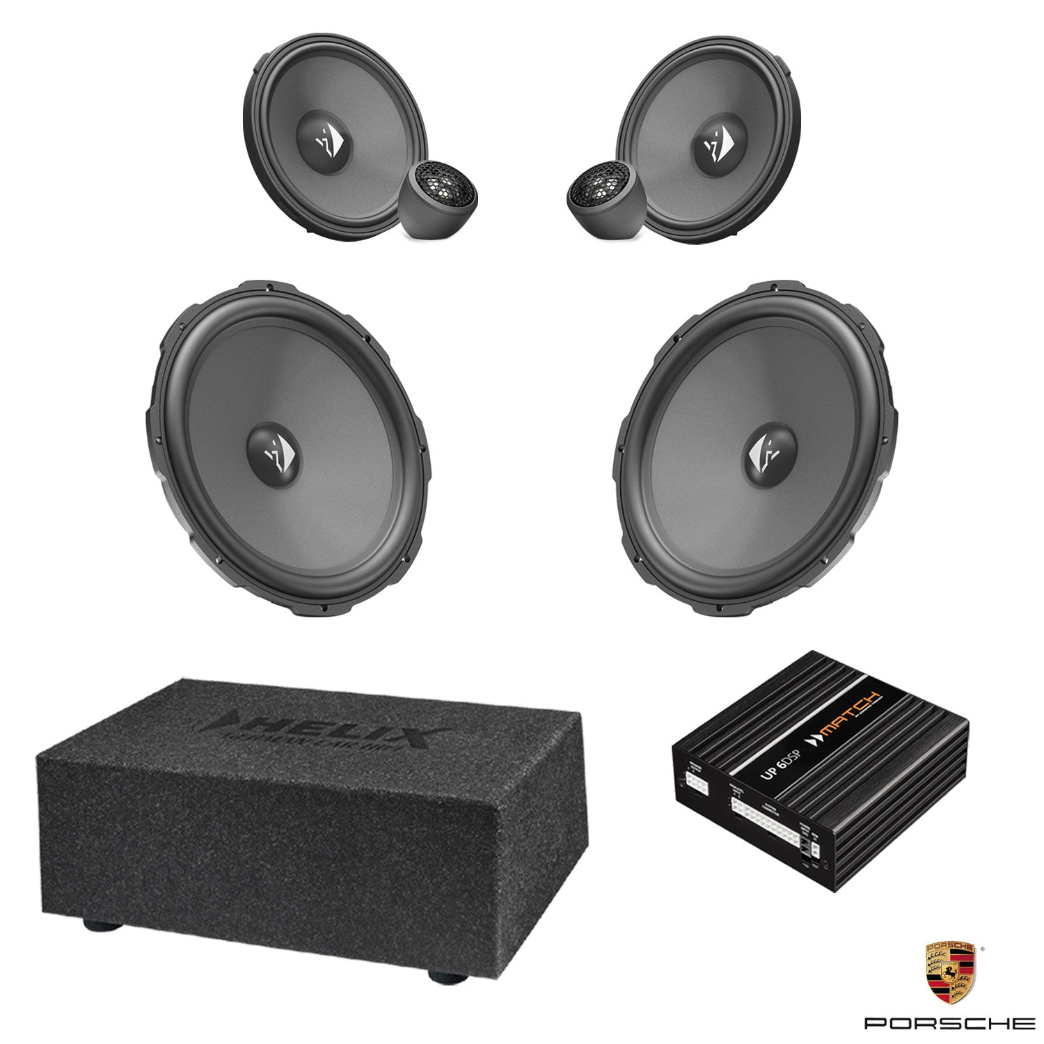 Porsche Cayenne Basic Sound - 3-Way Front Speaker & Subwoofer DSP Amplified Package | HELIX Ci3