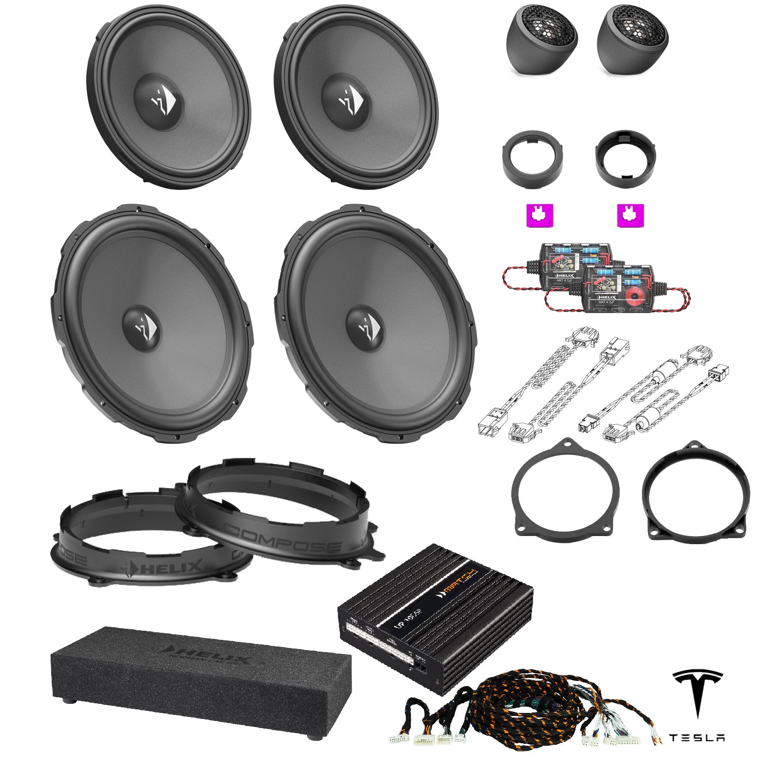 Tesla Model 3 SR/SR+ (AMD Ryzen) - Front Speaker & Subwoofer DSP Amplified Upgrade Package | HELIX Ci3